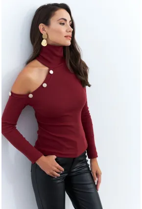 Kadın Bordo Tek Omuz Açık Kaşkorse Balıkçı Bluz EY2947