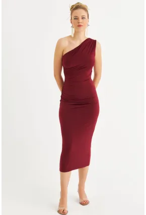 Kadın Bordo Tek Omuz Büzgülü Midi Elbise DMR294-90