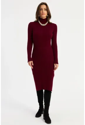 Kadın Bordo Triko Midi Elbise YV303