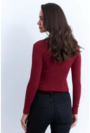 Kadın Bordo V Yaka Düğme Detaylı Bluz EY2952