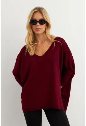 Kadın Bordo V Yaka Salaş Bluz YV304