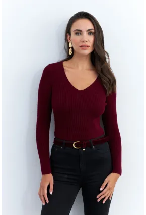 Kadın Bordo V Yaka Triko Bluz YV284