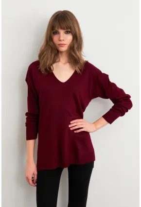 Kadın Bordo V Yaka Triko Kazak YİL549
