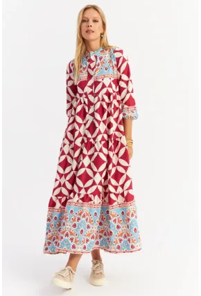 Kadın Bordo Volanlı Desenli Maxi Elbise MYLE14