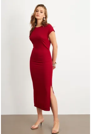 Kadın Bordo Yanları Büzgülü Midi Elbise MK35