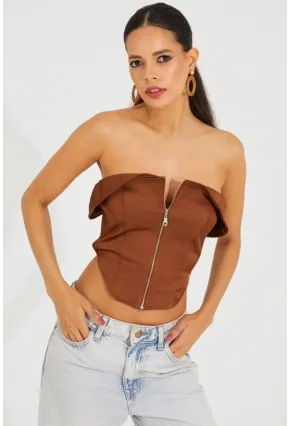 Kadın Bronz Fermuarlı Straplez Crop Bluz SF2502