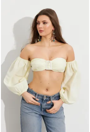 Kadın Butter Yellow Balon Kol Crop Bluz Rop111