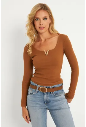 Kadın Camel Aksesuarlı Kaşkorse Bluz RLO17
