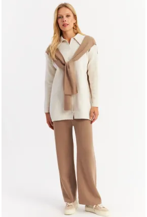 Kadın Camel Atkılı Triko Hırka Alt Üst Takım NUV20