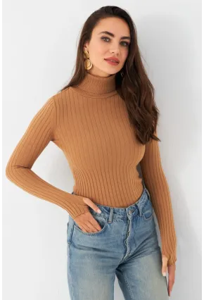 Kadın Camel Balıkçı Yaka Triko Bluz YV102-90