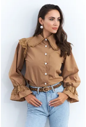 Kadın Camel Bebe Yaka Dantelli Gömlek MQS1839