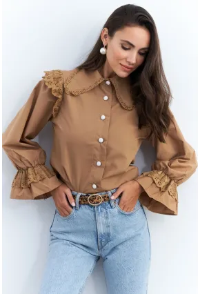 Kadın Camel Bebe Yaka Dantelli Gömlek MQS1839