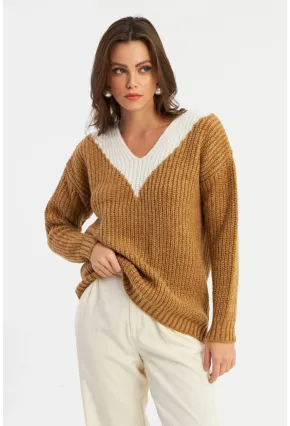Kadın Camel-Beyaz V Yaka Triko Kazak SMT2434