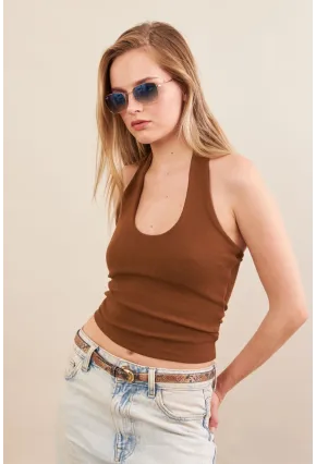 Kadın Camel Boyun Askılı Bluz ZH171