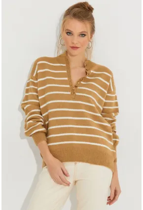 Kadın Camel Çizgili Triko Kazak SMT219
