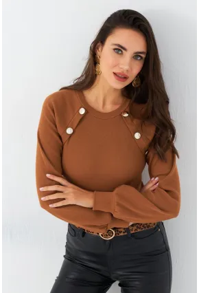 Kadın Camel Düğme Aksesuarlı Kaşkorse Bluz MEY2946