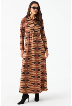 Kadın Camel Düğme Detaylı Kemerli Maxi Elbise MHAD101