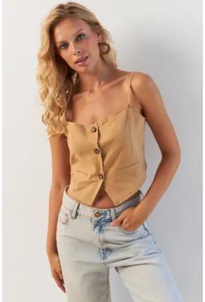 Kadın Camel Düğmeli İp Askılı Yelek MP20153