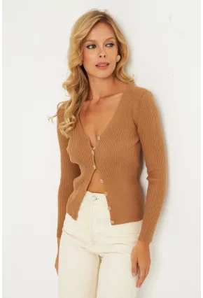 Kadın Camel Düğmeli Triko Bluz YV94