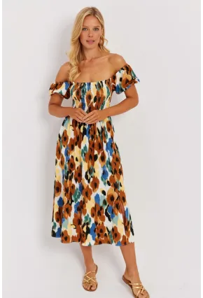 Kadın Camel Gipeli Desenli Midi Elbise MON126