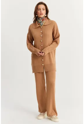Kadın Camel İnci Düğmeli Hırka Triko Alt Üst Takım NUV26