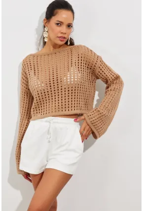 Kadın Camel İspanyol Kol Ajurlu Triko Kısa Bluz SMT181