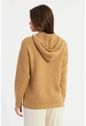 Kadın Camel Kapüşonlu Triko Bluz SMT2419