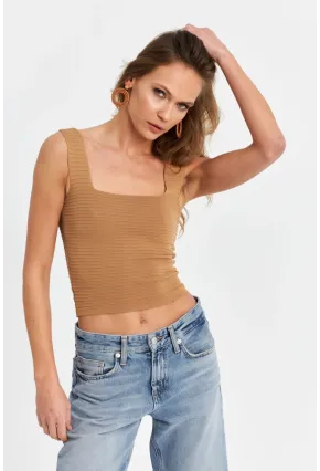 Kadın Camel Kare Yaka Triko Bluz SE8