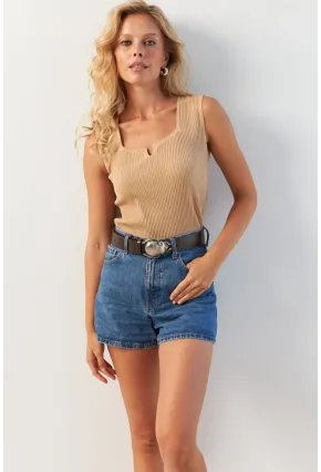 Kadın Camel Kare Yaka Triko Bluz SMT243