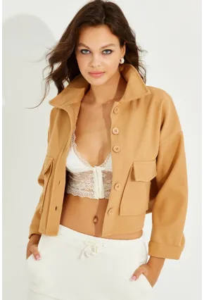 Kadın Camel Kaşe Cepli Kısa Ceket PP2444