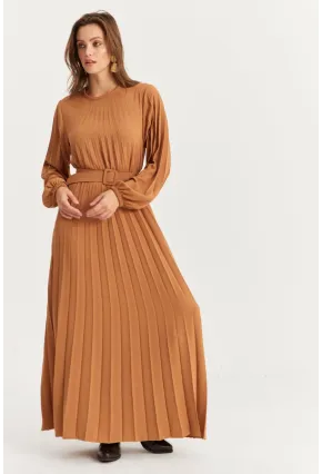 Kadın Camel Kemerli Plili Maxi Elbise ALZ500