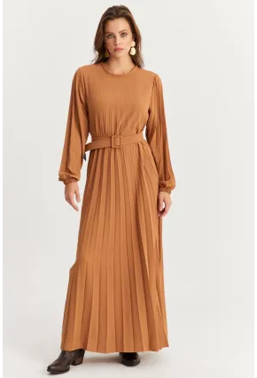 Kadın Camel Kemerli Plili Maxi Elbise ALZ500