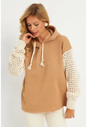 Kadın Camel Kolları Ajurlu Kapüşonlu Sweatshirt YLE12