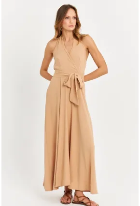 Kadın Camel Kruvaze Bürümcük Maxi Elbise EY3053