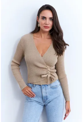 Kadın Camel Kruvaze Büzgülü Simli Bluz KED173
