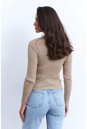 Kadın Camel Kruvaze Büzgülü Simli Bluz KED173