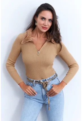 Kadın Camel Kürk Yaka Bluz ELA115