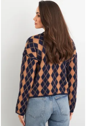 Kadın Camel-Lacivert Düğme Detaylı Hırka ELT12022