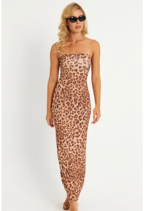 Kadın Camel Leopar Desenli Midi Straplez Yılbaşı Elbise XC001