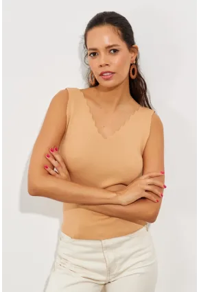 Kadın Camel Merdiven Yaka Triko Bluz YV83