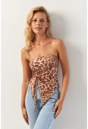 Kadın Camel Önü Büzgülü Leopar Crop Bluz MON137