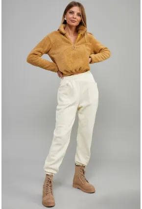 Kadın Camel Önü Fermuarlı Crop Peluş Sweatshirt DA85