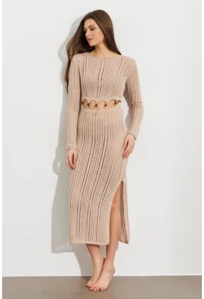 Kadın Camel Önü Pencereli Ajurlu Plaj Elbisesi KZ545