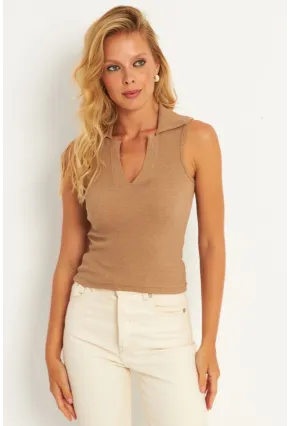 Kadın Camel Polo Yaka Kaşkorse Bluz MK10