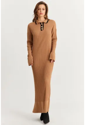 Kadın Camel Polo Yaka Triko Maxi Elbise MNUV17