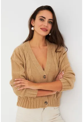 Kadın Camel Saç Örgülü Hırka YV295