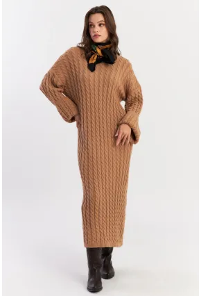 Kadın Camel Saç Örgülü Triko Midi Elbise KZ541
