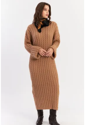Kadın Camel Saç Örgülü Triko Midi Elbise KZ541