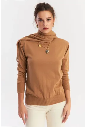 Kadın Camel Şal Aksesuarlı Triko Bluz YV286