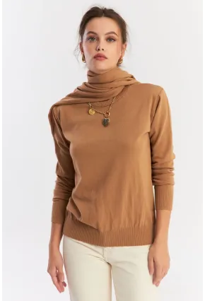 Kadın Camel Şal Aksesuarlı Triko Bluz YV286